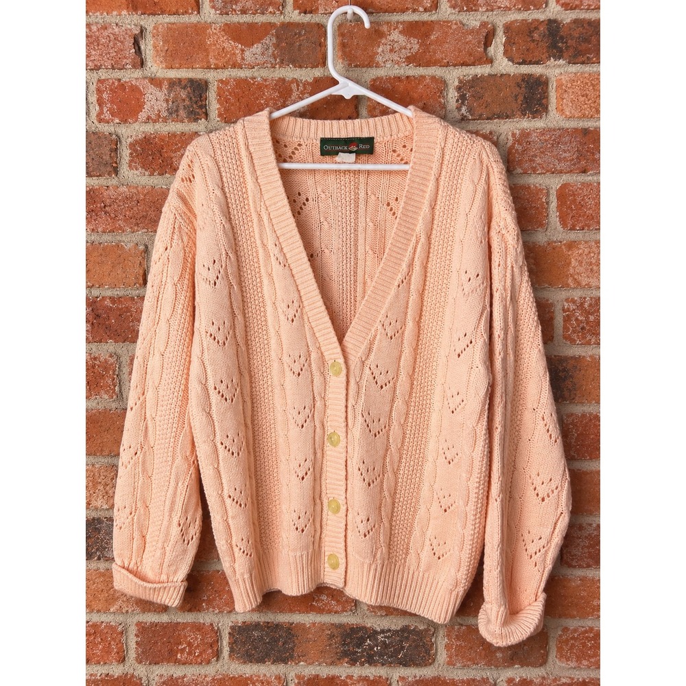 Vintage Pink Heart Pointelle Cable Knit Cotton Cardigan M Coquette Cottagecore